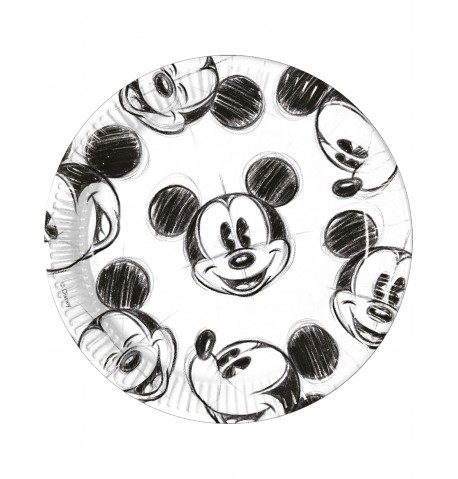 25 Assiettes en carton noir et blanc Mickey  23 cm