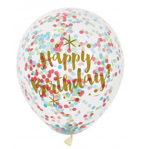 6 Ballons Happy Birthday confettis multicolores