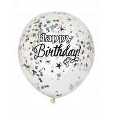 6 Ballons latex confettis Happy Birthday argent et or