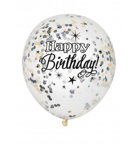 6 Ballons latex confettis Happy Birthday argent et or