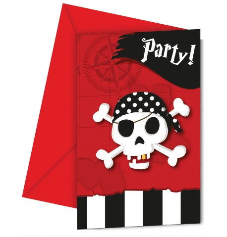 6 Cartes d'invitation + enveloppes carte au trésor pirates