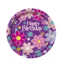 8 Assiettes en carton Happy Birthday Fleurs 23 cm