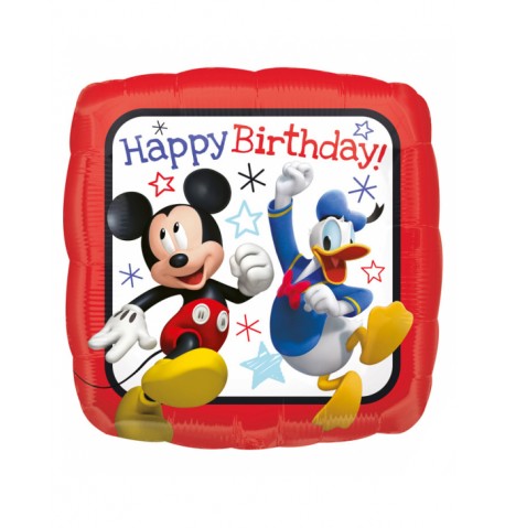Ballon carré aluminium Happy Birthday Mickey 40 x 40 cm
