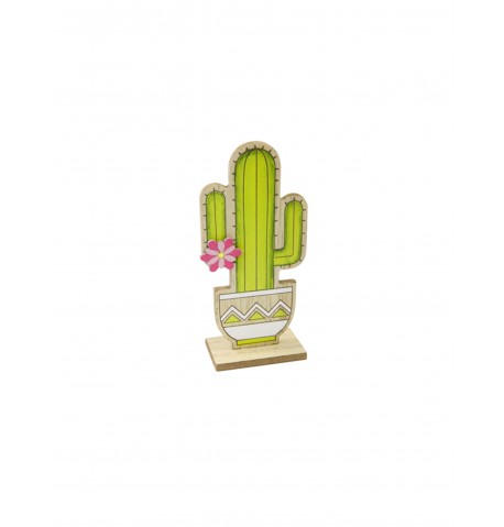 Cactus en bois sur support vert 14 cm