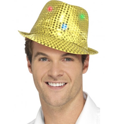 Chapeau borsalino doré à sequins avec LED adulte