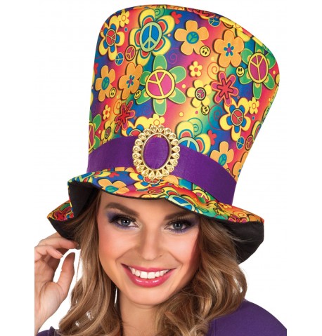 Chapeau haut de forme multicolore hippie adulte