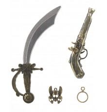 Kit de pirate en plastique - Sabre pistolet insigne et boucle d'oreilles Enfant