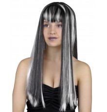 Perruque longue noire avec frange et balayage blanc femme