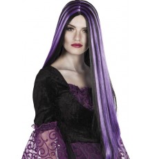Perruque longue noire et mèches violette femme