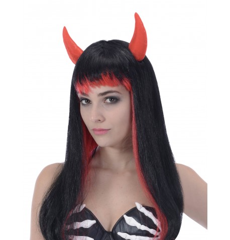 Perruque longue noire et rouge diable femme
