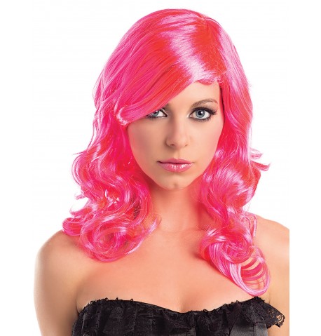 Perruque mi-longue glamourondulée rose femme