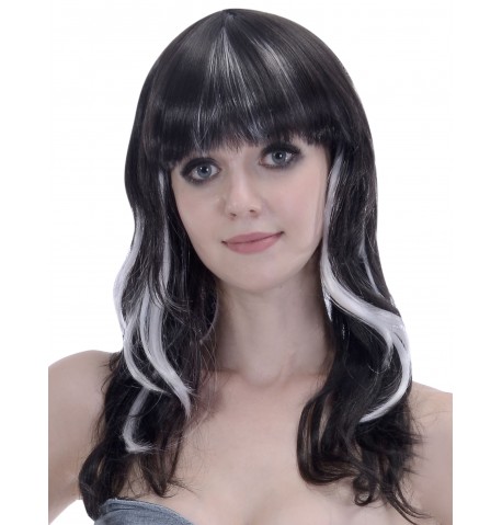 Perruque noire à frange avec balayage blanc femme