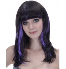 Perruque noire à frange avec balayage violet femme