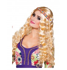 Perruque ondulée blonde avec bandeau hippie femme