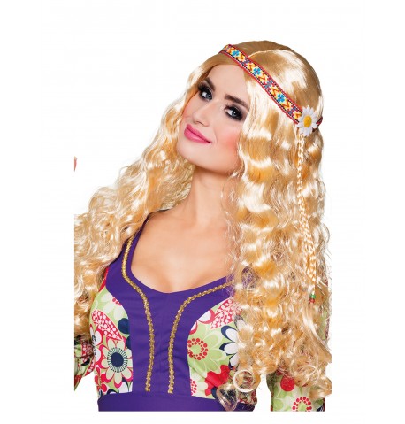Perruque ondulée blonde avec bandeau hippie femme