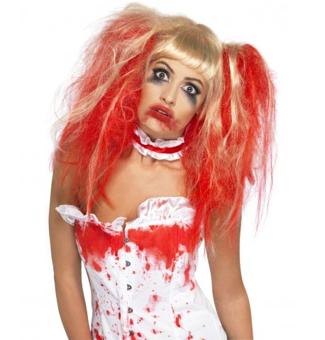 Perruque poupée blonde sanglante coifée femme Halloween