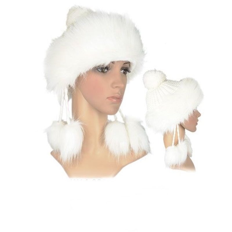 Bonnet avec pompon et fourrure Blanc