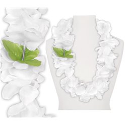 Collier de Fleurs Tahiti avec 40 Fleurs Couleur Blanc & Feuille Verte