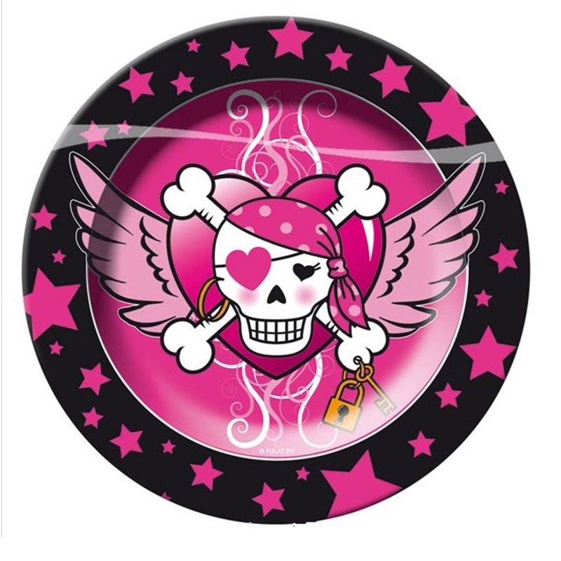 Lot de 8 Assiettes Rose en Carton Motif Pirate