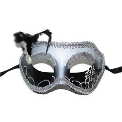 Masque Loup Gris et Noir Luxe avec Plume