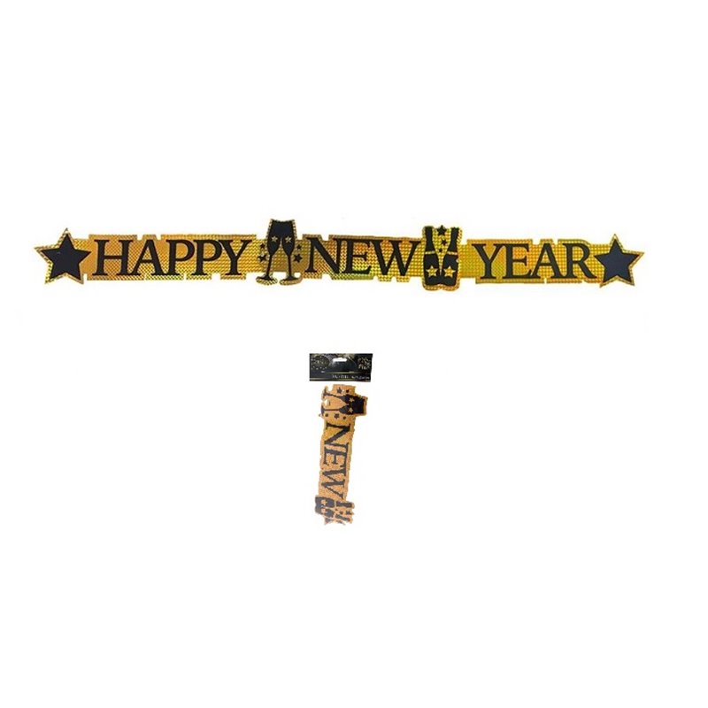 bannière or/noir motif "happy new year" 113x11.5cm