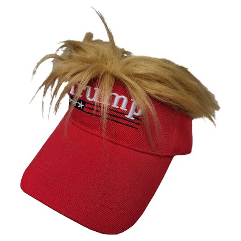 Casquette Trump rouge avec demi moumoute blonde adulte