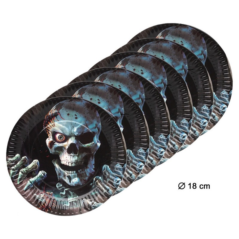 Lot de 6 assiettes squelette Halloween en carton 18cm