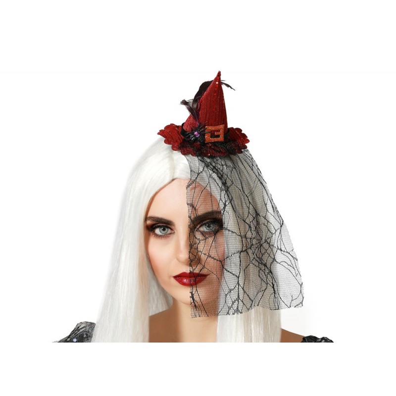 Pince à cheveux Halloween mini chapeau rouge avec voile