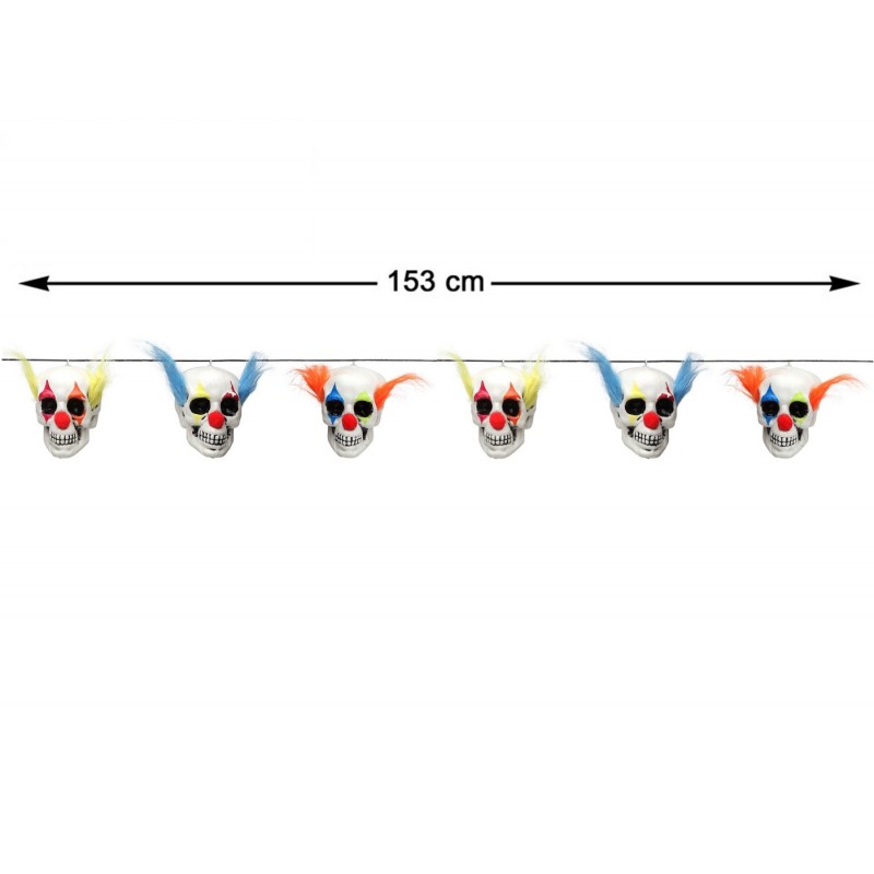 Guirlande Halloween avec 6 crânes de clown d'horreur 1,53m