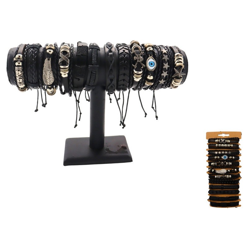 Lot de 12 bracelets cuir motifs variés mix II 17cm
