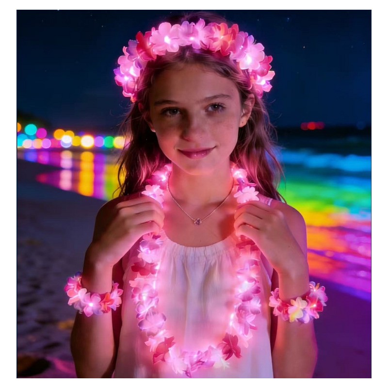Bracelet Tahiti Hawaï double fleurs rose lumineux LED