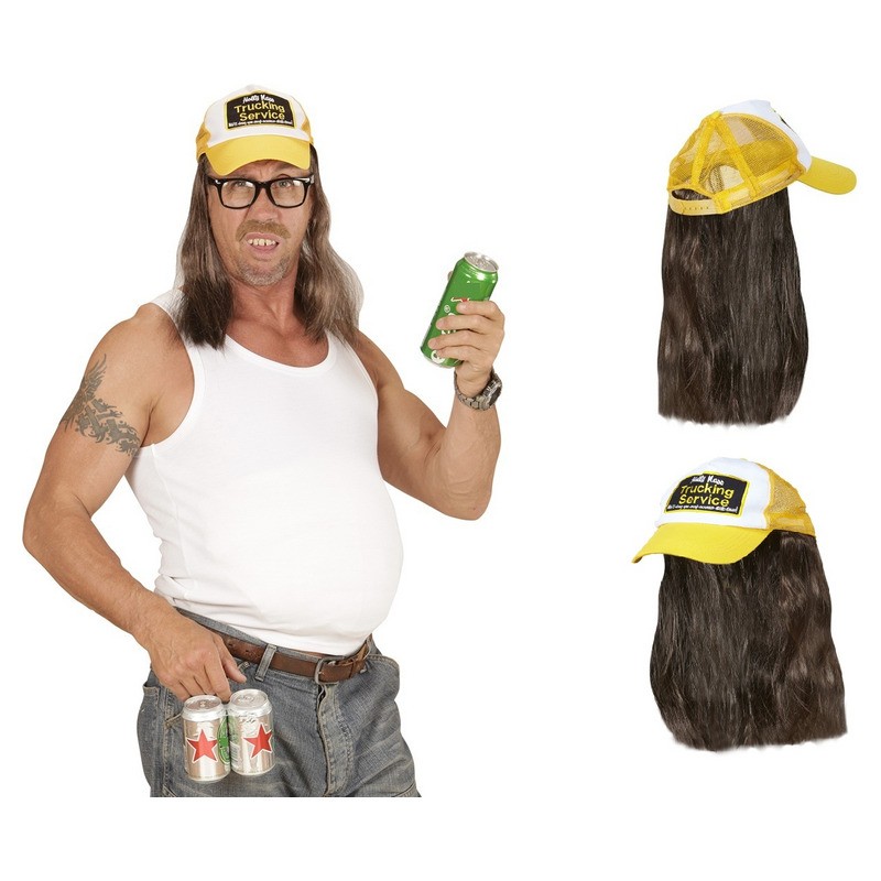 Casquette gag camionneur jaune avec cheveux longs adulte