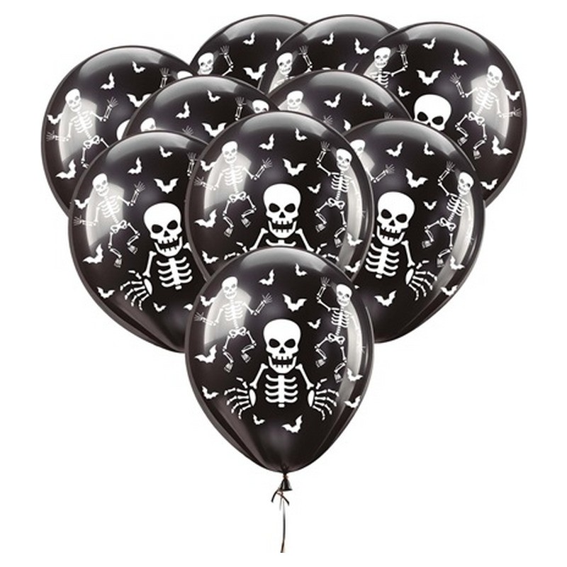 Lot de 10 ballons de fête Halloween motif squelettes noir 30cm