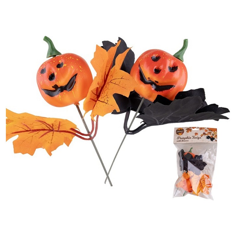 Lot de 2 citrouilles avec feuilles sur pique 20 cm