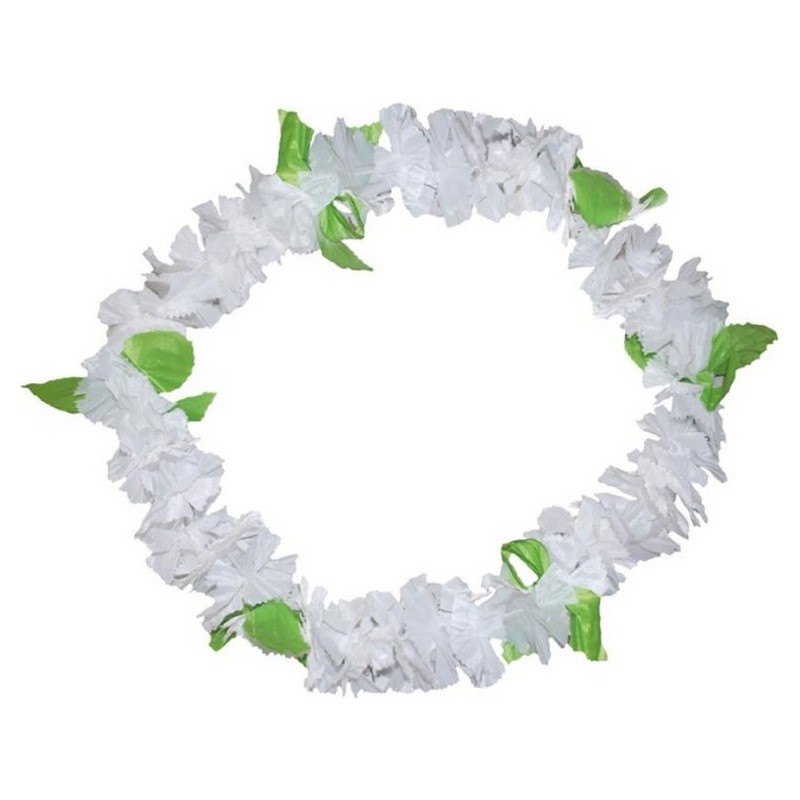 Collier de 40 fleurs épais Tahiti blanc avec feuilles 110mm