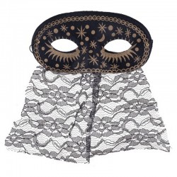 Masque loup avec motifs et bavette dentelle noir adulte