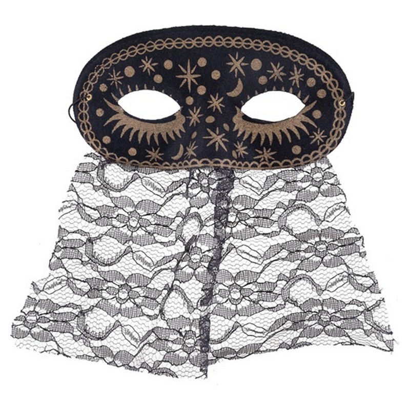 Masque loup avec motifs et bavette dentelle noir adulte