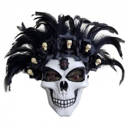 Masque coque crâne avec plumes et roses noires adulte
