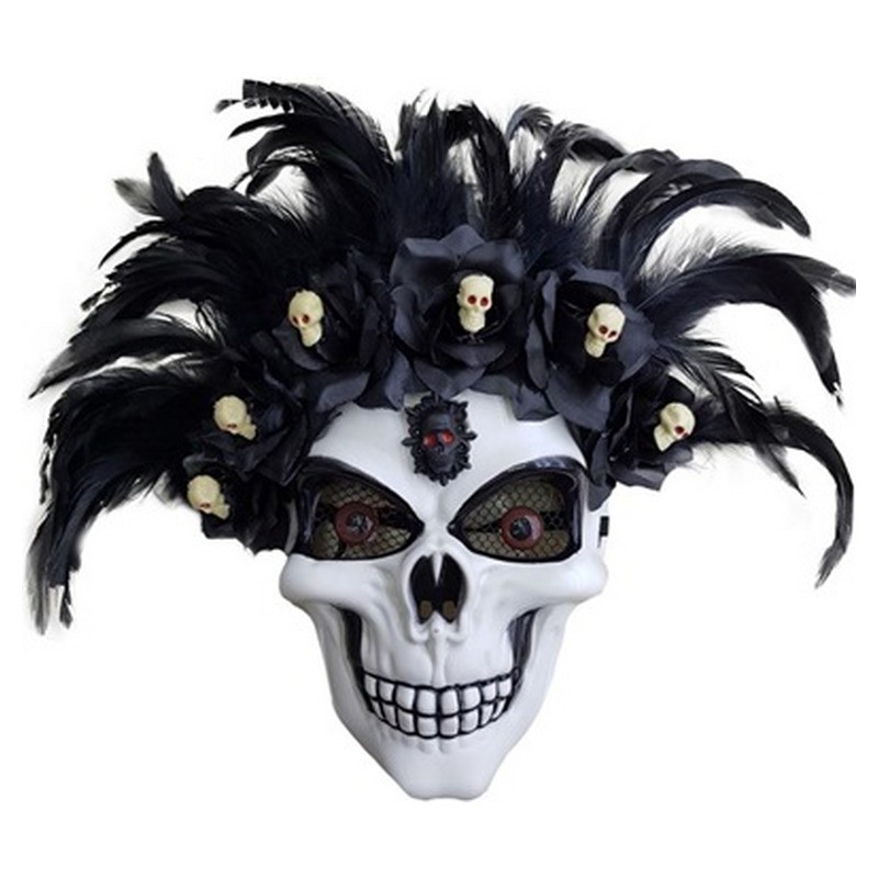 Masque coque crâne avec plumes et roses noires adulte