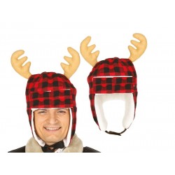 Bonnet de Noël à carreaux rouge avec bois de renne adulte