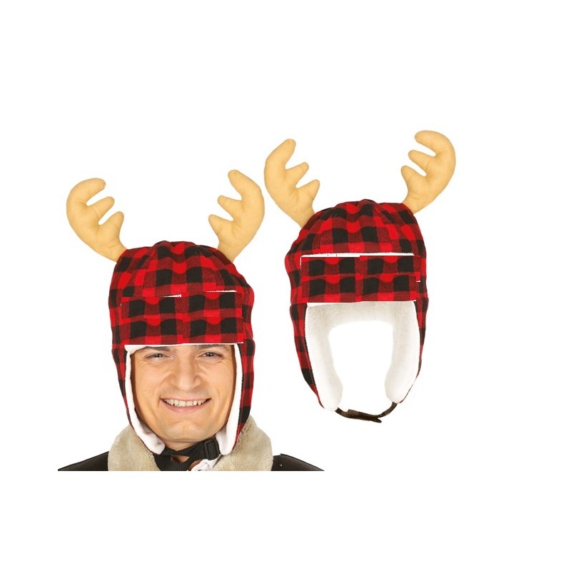 Bonnet de Noël à carreaux rouge avec bois de renne adulte