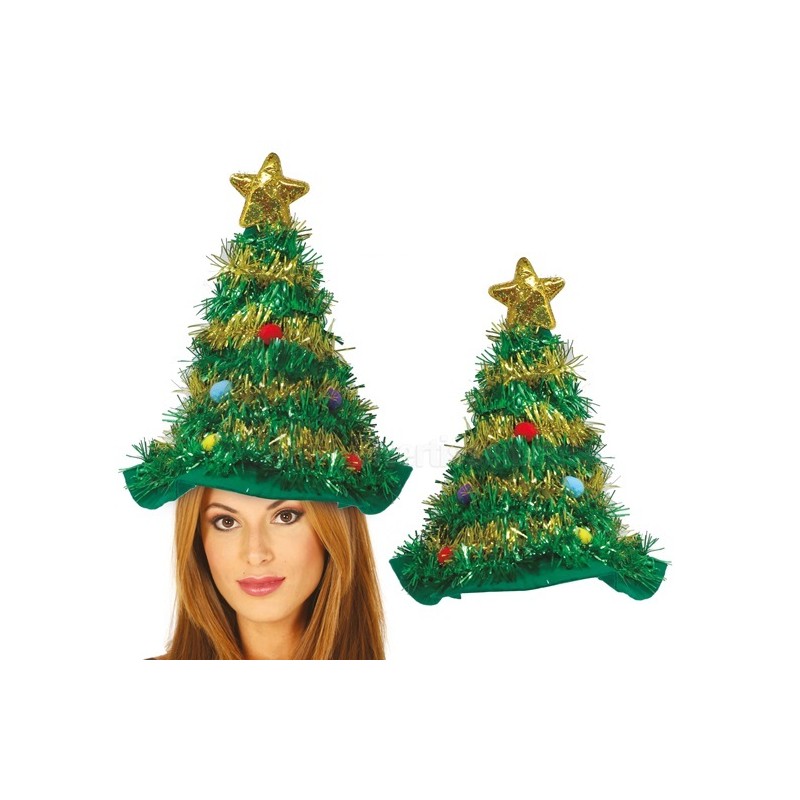 Bonnet de Noël sapin vert avec étoile et guirlande or adulte