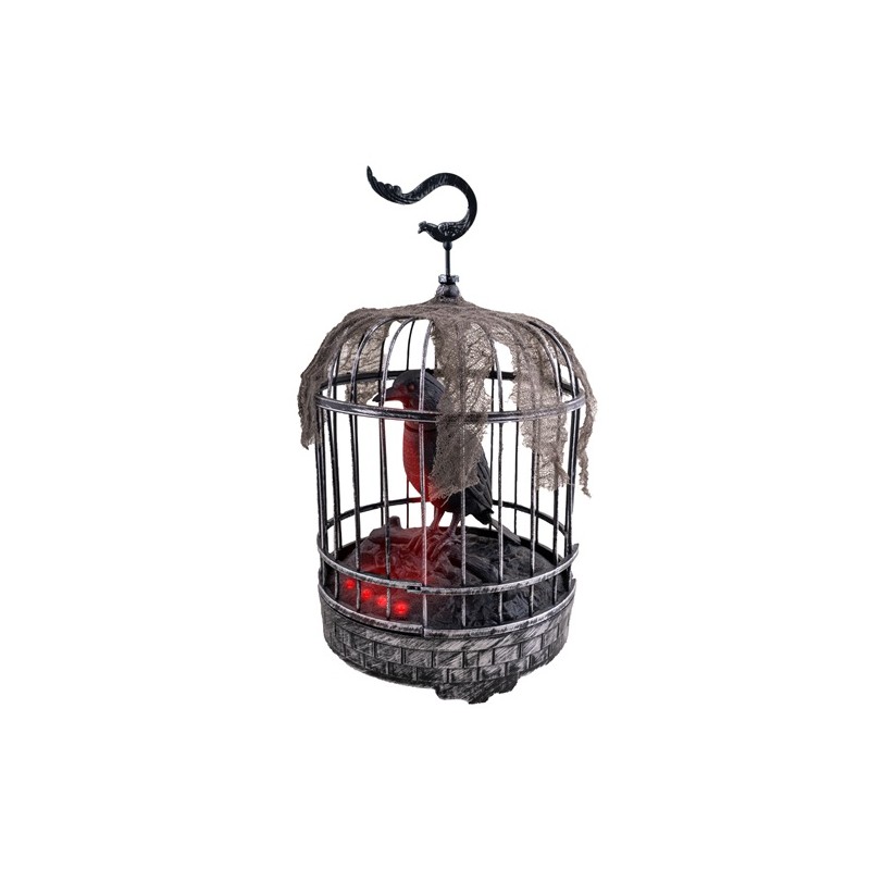 Corbeau dans une cage lumineux sonore motorisé 32x20cm