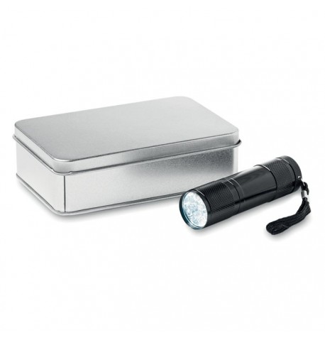 Lampe torche 9 LED dans une boite en fer blanc