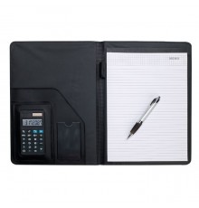 Porte-documents noir avec stylo bille, calculatrice solaire et bloc-notes 