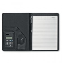 Porte-documents noir avec stylo bille, calculatrice solaire et bloc-notes 
