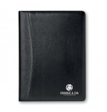 Porte-documents noir avec stylo bille, calculatrice solaire et bloc-notes 