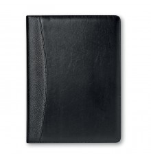Porte-documents noir avec stylo bille, calculatrice solaire et bloc-notes 